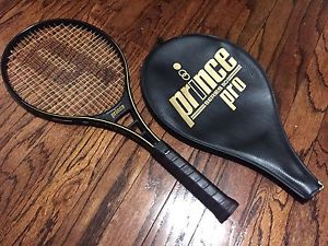 VINTAGE PRINCE PRO SERIES 110 TENNIS RACQUET LEATHER GRIP 4 3/8 W/COVER GREAT!!!