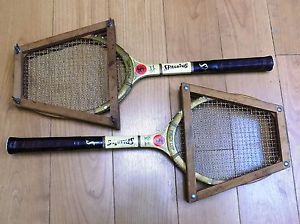 VINTAGE MATCHED PAIR WOODEN SPALDING PANCHO GONZALES TENNIS RACQUETS PRIZE CUP