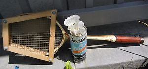 TWO VINTAGE WOOD SPALDING BADMINTON RACKETS~HOLDER~SHUTTLECOCKS~TUBE CONTAINER