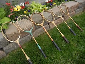 LOT OF SIX VINTAGE WOOD TENNIS ~ SQUASH ~ BADMINTON RACKETS ~ SPORTS MEMORABILIA