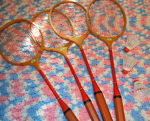 Vintage J C Higgins Wooden Badminton Racket Set(4) + 3 Birdies Collectors Sports