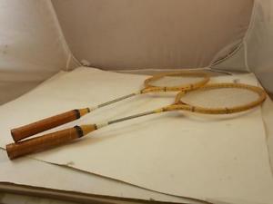 Two Vintage Wooden Sports Craft Badminton Racquets Ash Frame Leather Grips