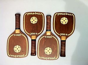 Set of 4 Vintage Marcraft PRO II Wood Pickleball Paddles Calfskin Grips US Made