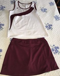 Maroon & White Tennis Uniform by DUC Large Top Medium Skirt